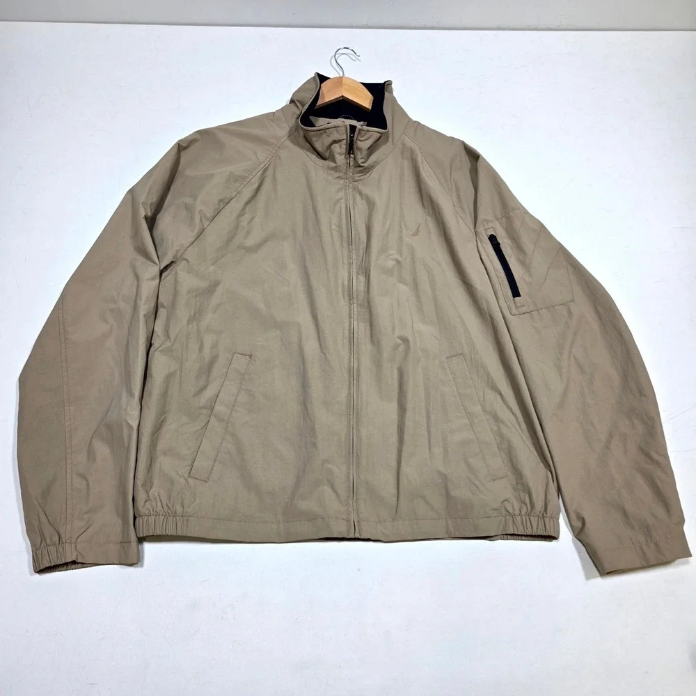 Nautica Windbreaker Jacket Mens XXL Khaki Tan Full Zip Mesh Lined Utility Coat